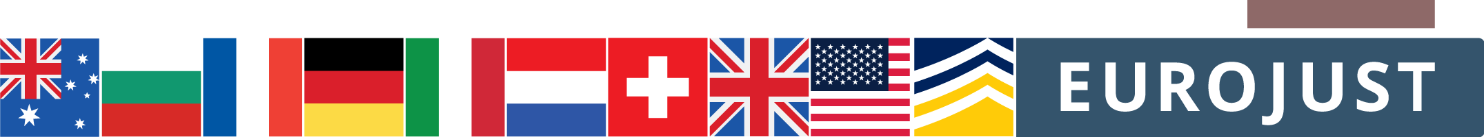 Flags of AUS, BG, FR, DE, IT, NL, CH, UK, USA, logos of Europol, Eurojust